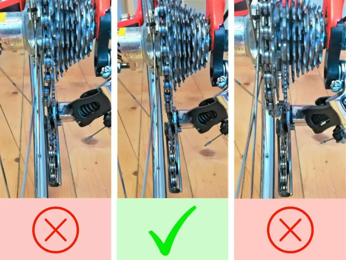 Kette am Fahrrad: Korrekte zugspannung einstellen. Links und rechts falsch, Mitte richtig.