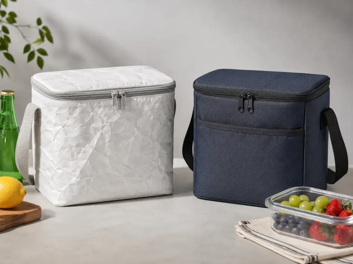 Zwei Kühltaschen, eine in weißem, zerknittertem rPET-Material, die andere in dunkelblauem Stoff. Daneben eine Flasche, Zitrone und eine Obstschale.