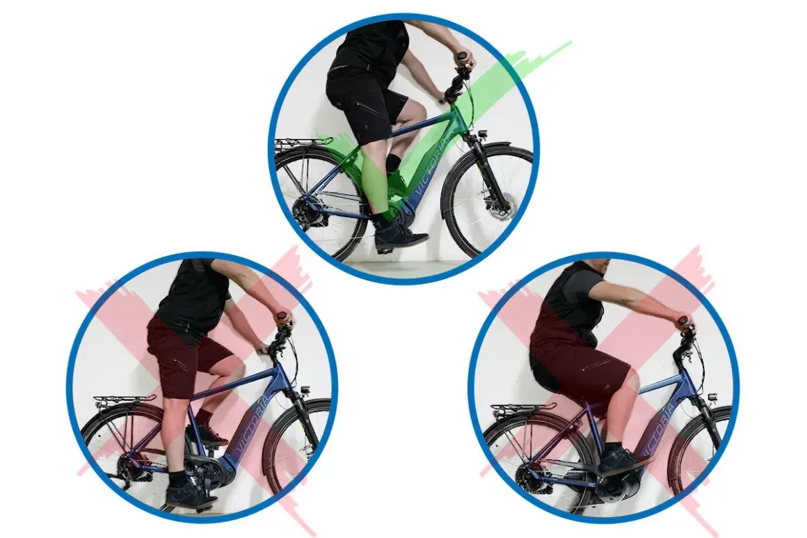 Falsche Sitzpositionen beim Radfahren: Sattel zu hoch oder zu tief. Die obere Abbildung zeigt die korrekte Einstellung.