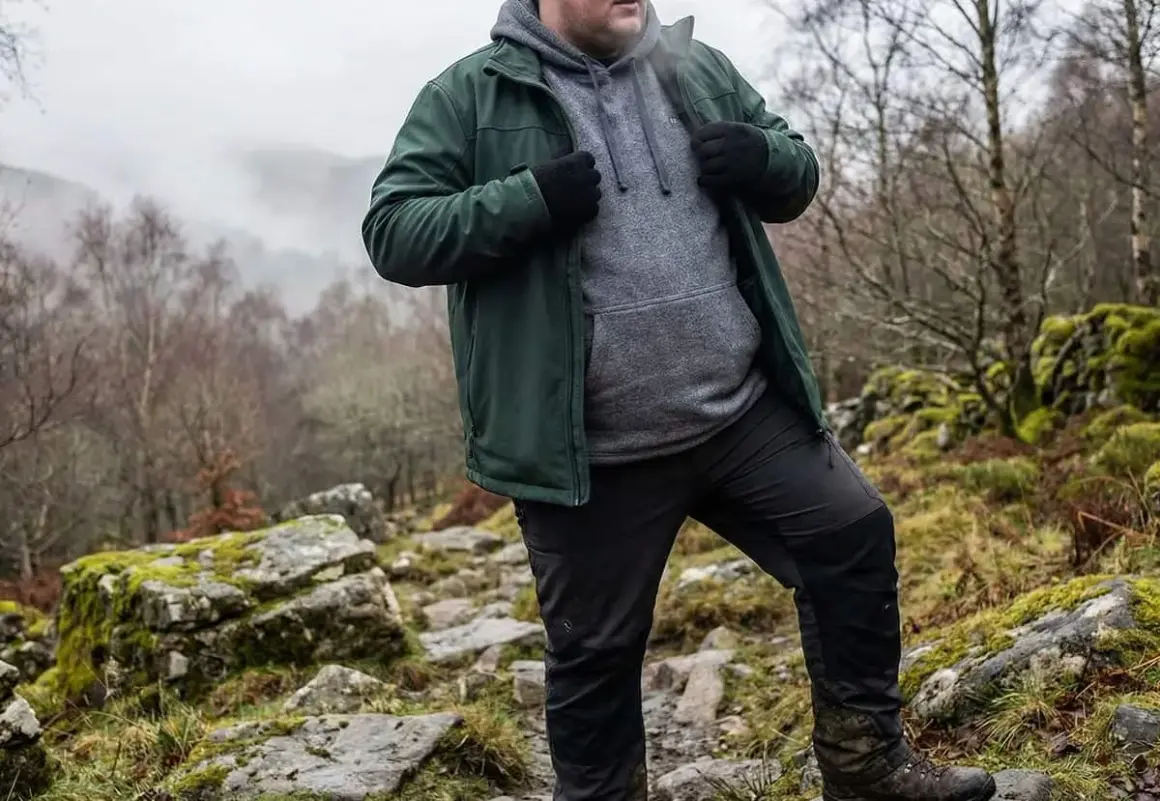 Mann in grüner Jacke und grauer Kapuzenjacke wandert durch felsiges Gelände. Die Jacke ist softshell wasserdicht und schützt vor dem Wetter.