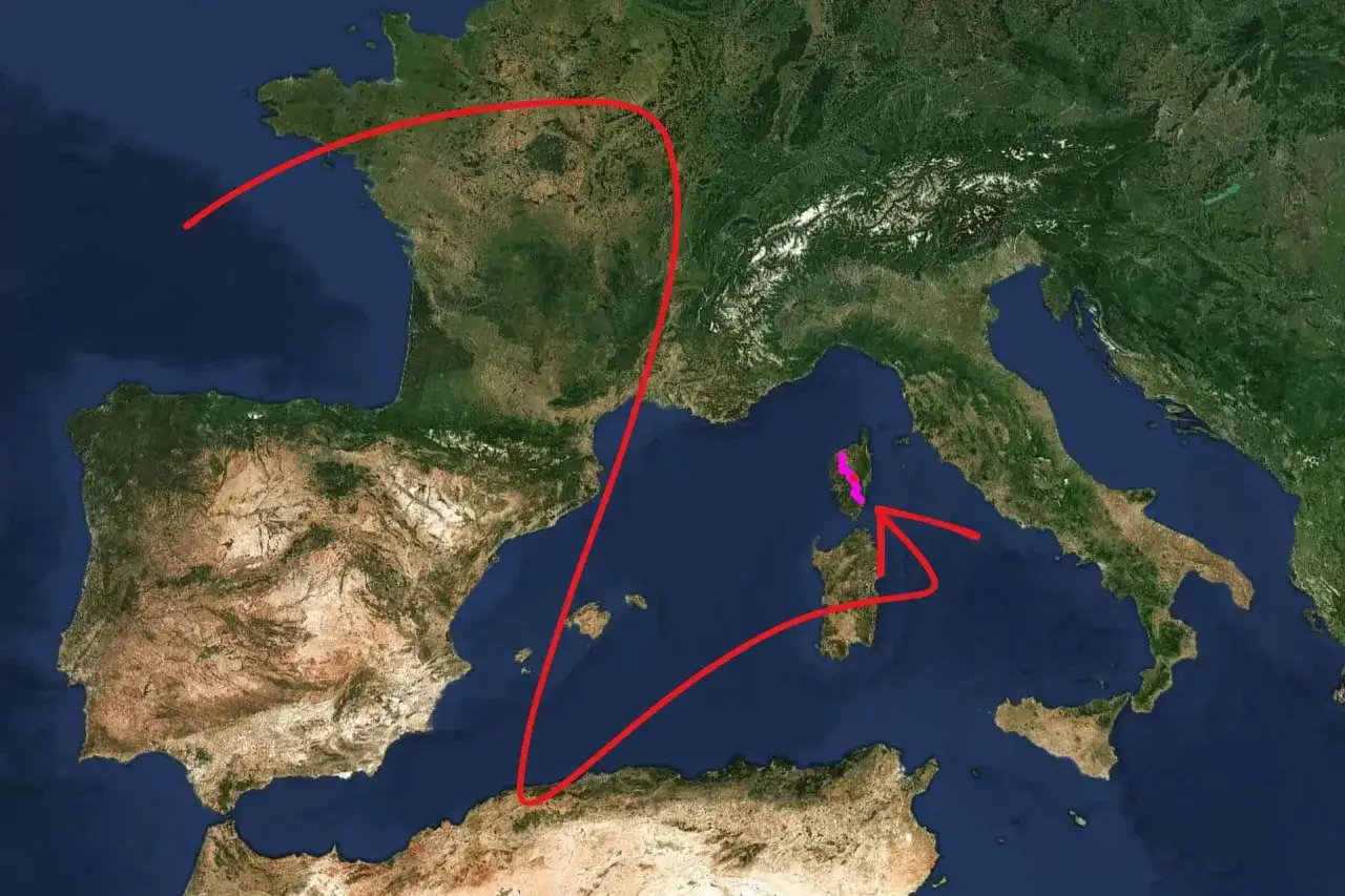 Eine rote Linie markiert eine Route &uuml;ber Frankreich, Korsika und Italien, die 20 Etappen umfasst.