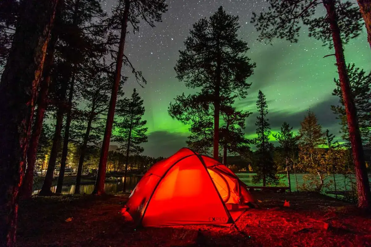 Ein rotes Zelt leuchtet unter dem Nordlicht. Perfektes Wildcampen Skandinavien Erlebnis mit Sternenhimmel und See.