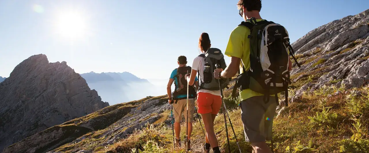 Drei Wanderer mit Rucks&auml;cken und St&ouml;cken erklimmen einen Bergpfad. Die Sonne scheint, die Definition von Wandern.
