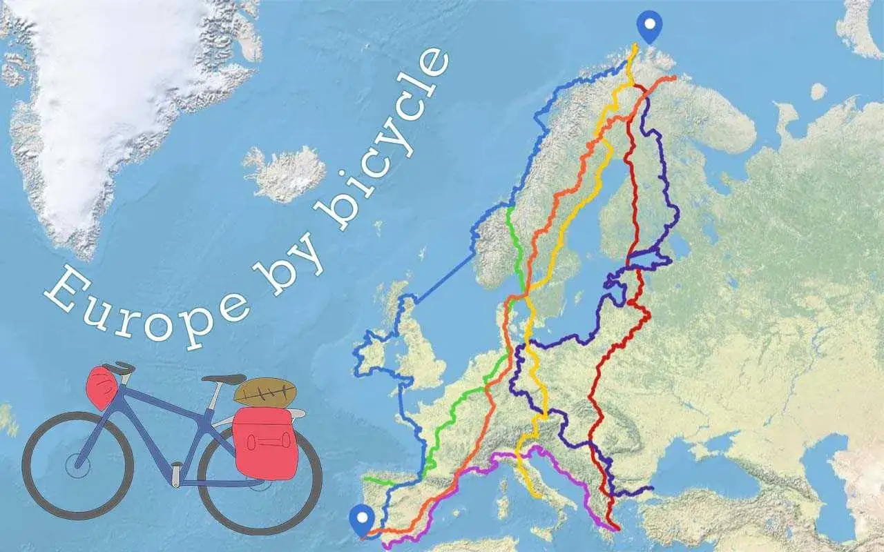 Radwegkarte von Europa mit bunten Routen, die den European Divide Trail darstellen. Ein Fahrrad mit Gepäck ist abgebildet.