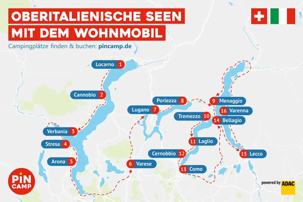 Karte zeigt Wohnmobilroute zu oberitalienischen Seen wie Lago Maggiore und Comer See. Orte: Locarno, Cannobio, Verbania, Stresa, Arona, Varese, Lugano, Porlezza, Menaggio, Tremezzo, Laglio, Cernobbio, Como, Bellagio, Varenna, Lecco.