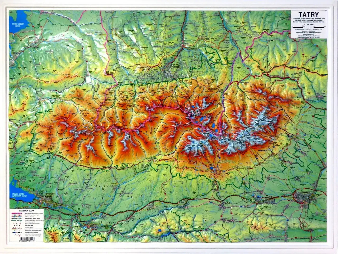 Die Karte zeigt die Hohe Tatra mit ihren Gipfeln, Seen und Städten wie Zakopane und Poprad. Sie gibt Auskunft, wo ist die Hohe Tatra.