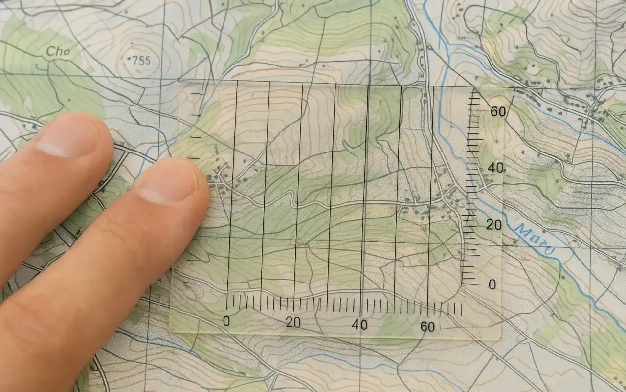 Finger &uuml;berlagert eine Karte, w&auml;hrend ein transparentes Lineal mit Gitternetz und Skala zum karten lesen verwendet wird.