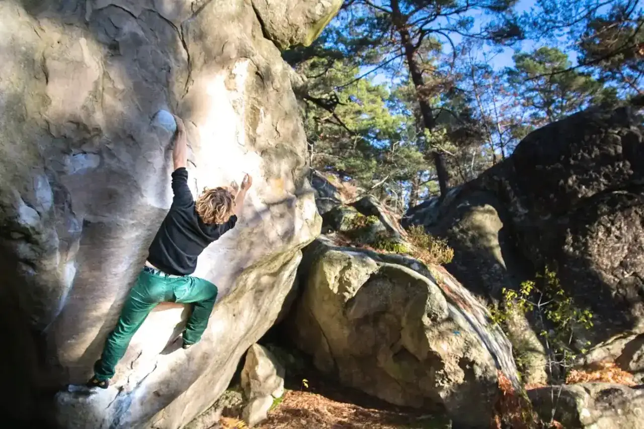 Ein Kletterer meistert eine Route beim Fontainebleau Bouldern. Die Sonne scheint durch die Bäume auf die Felsen.