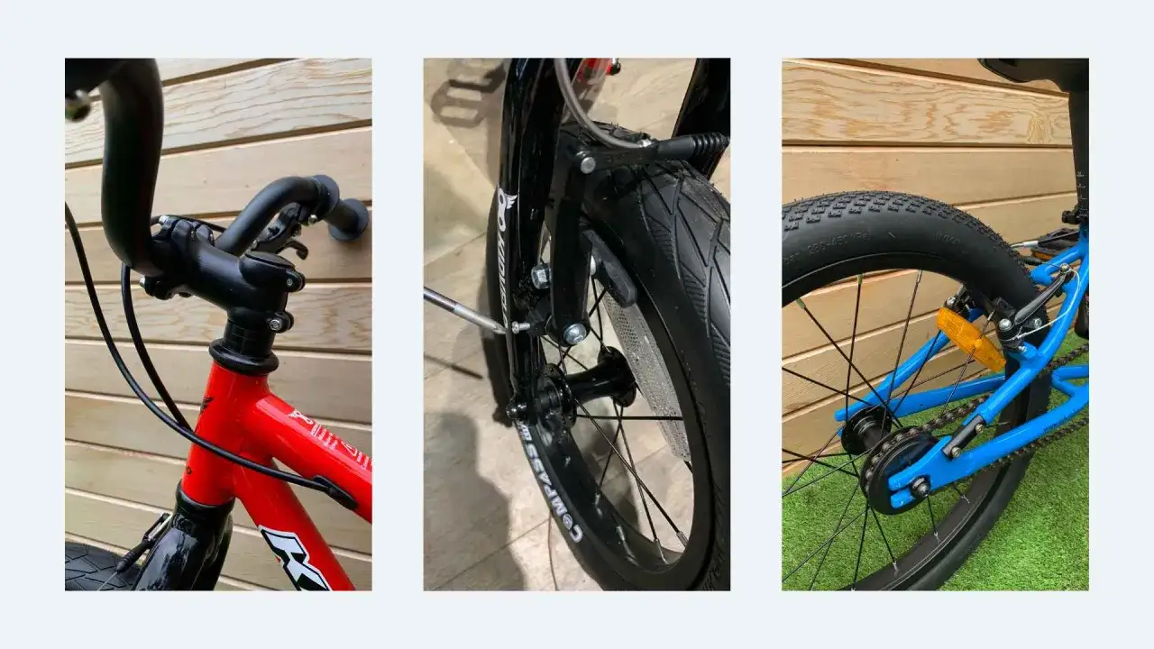 So stellst du ein Kinderfahrrad richtig ein: Lenker, Vorderradbremse und Hinterrad werden gezeigt.