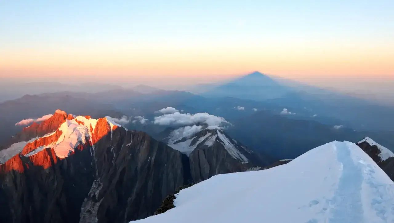 Sonnenaufgang auf dem Mont Blanc. Der Schatten des Berges wirft sich &uuml;ber die Alpen. Ein Pfad f&uuml;hrt &uuml;ber den Schnee.