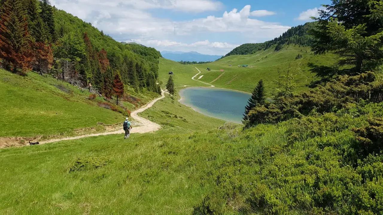 Ein Wanderer mit Rucksack und Hund erkundet die gr&uuml;ne Berglandschaft Montenegros. Ein malerischer Bergsee liegt im Tal.