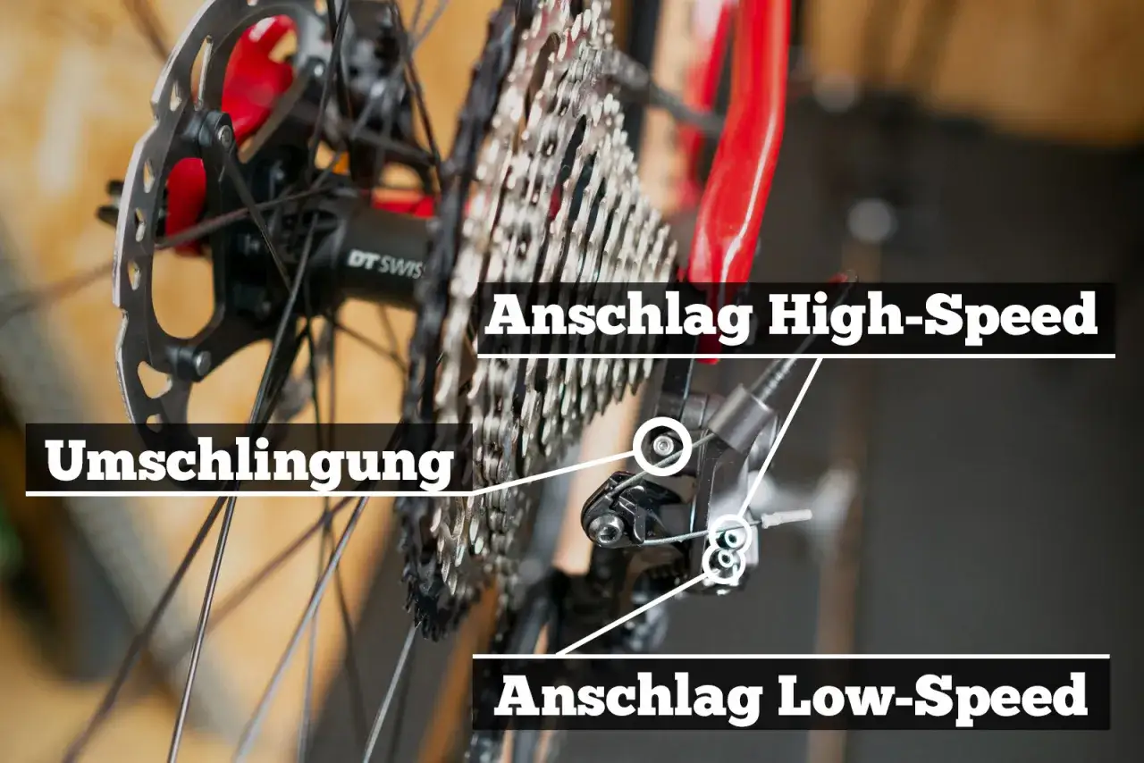 Detailaufnahme des Schaltwerks einer Shimano Deore Kette. Hier wird das shimano deore einstellen gezeigt, mit Markierungen für Anschlag High-Speed, Anschlag Low-Speed und Umschlingung.