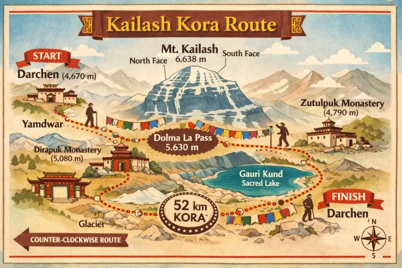 Die Karte zeigt die Kailash Kora Route, eine 52 km lange Pilgerreise um den heiligen Berg Kailash. Sie beginnt und endet in Darchen.