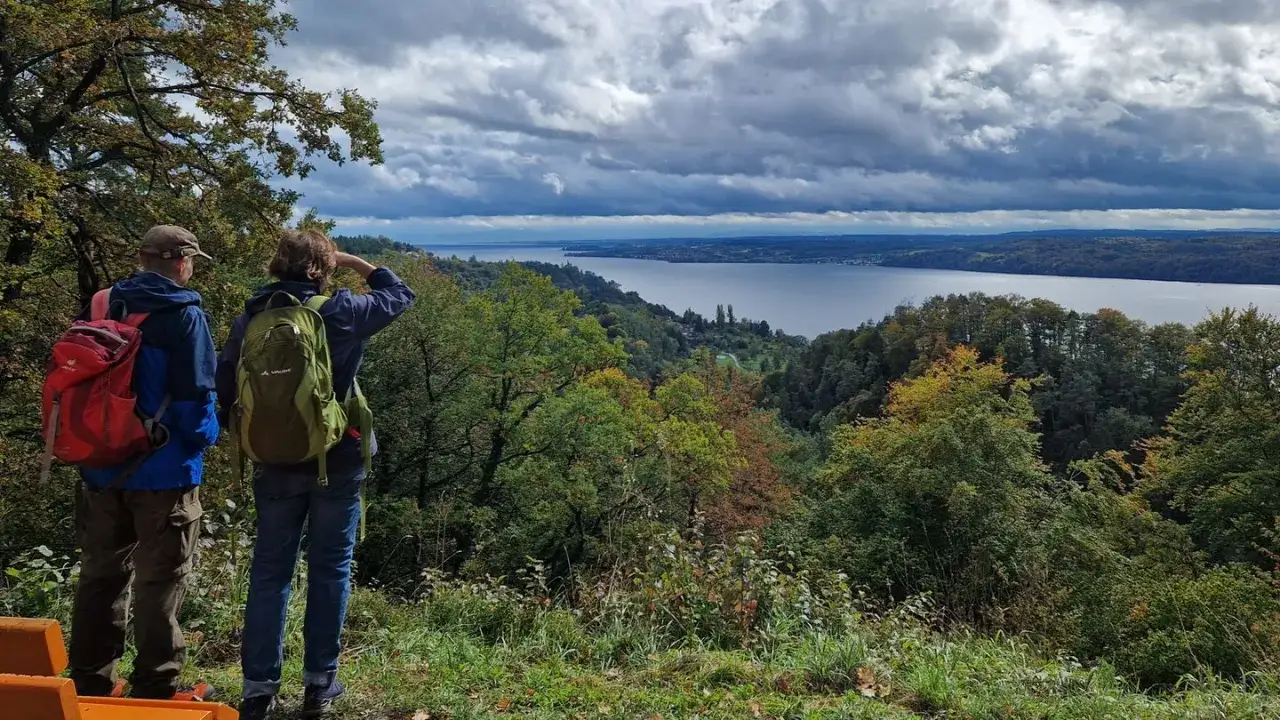 Zwei Wanderer mit Rucks&auml;cken genie&szlig;en den Ausblick auf den Bodensee. Die Herbstfarben der B&auml;ume sind ein sch&ouml;ner Anblick beim Bodensee Wandern.