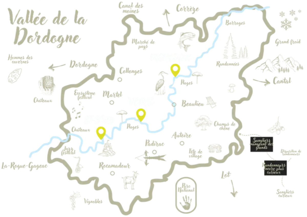 Eine Karte der Dordogne-T&auml;ler mit Orten wie Martel, Vayrac und Rocamadour. Entdecken Sie H&ouml;hlenmenschen, Schl&ouml;sser und Weinberge entlang des Flusses.