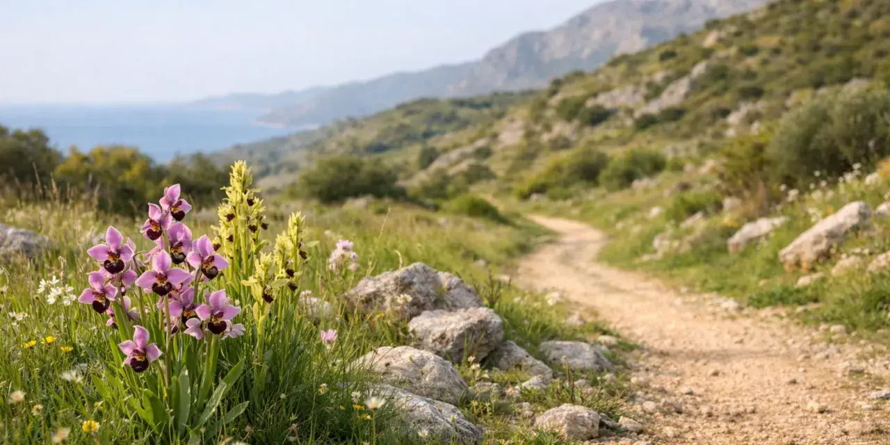 Wildblumen bl&uuml;hen am Wegesrand auf Kreta. Ein Pfad schl&auml;ngelt sich durch die h&uuml;gelige Landschaft mit Blick aufs Meer.