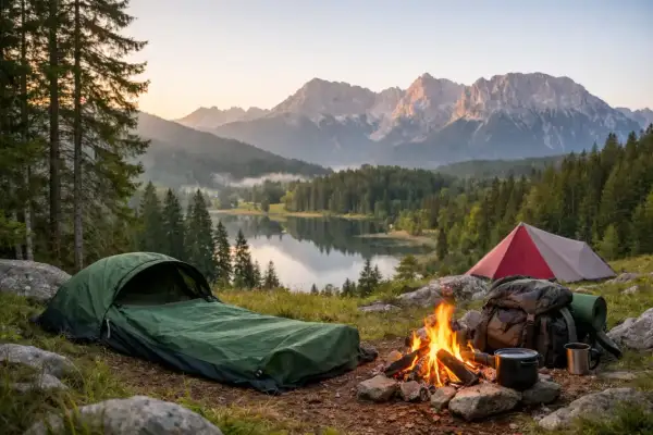 Ein grünes Zelt mit Schlafsack, ein Lagerfeuer und ein Rucksack stehen bereit für ein Biwak mit Bergblick.