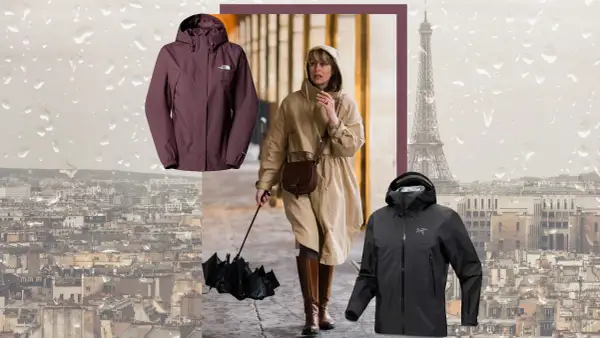 Regen in Paris: Unterschied wasserdicht und wasserfest bei Jacken. Eine Frau mit Schirm, eine rote und eine schwarze Outdoor-Jacke.