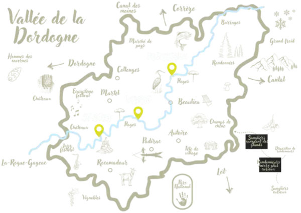 Eine Karte der Dordogne-Täler mit Orten wie Martel, Vayrac und Rocamadour, die zu Entdeckungen einladen.