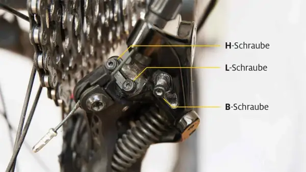 Nahaufnahme eines Fahrrad-Schaltwerks, das zeigt, wie man das Shimano Deore einstellt. H-, L- und B-Schrauben sind markiert.