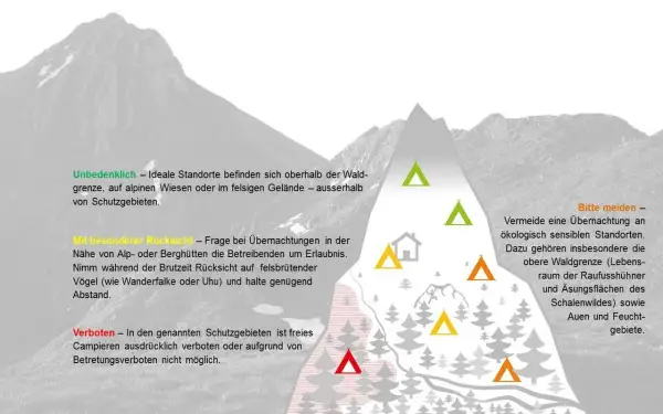 Berglandschaft mit Hinweisen zum **wildcampen Spanien**. Grüne Dreiecke zeigen ideale, rote verbotene und gelbe vorsichtige Standorte.